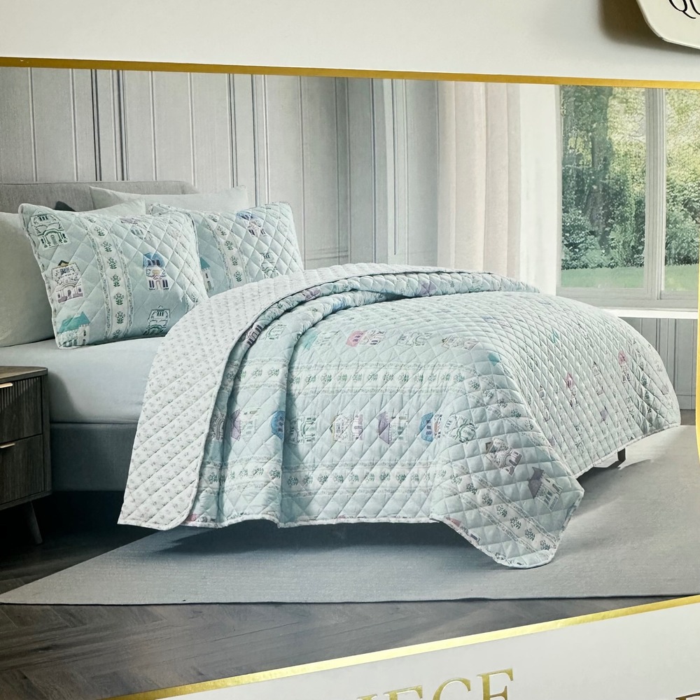 NEW Lenox Spice Village 3-Piece Reversible Quilt Set King Floral House Print - Picture 7 of 14